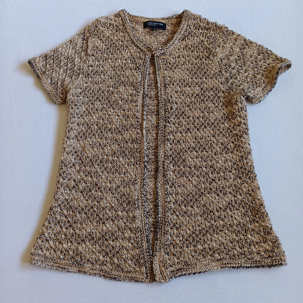Jones New York Size M Beige Brown Knit Mercerized Cotton Short Sleeve Cardigan